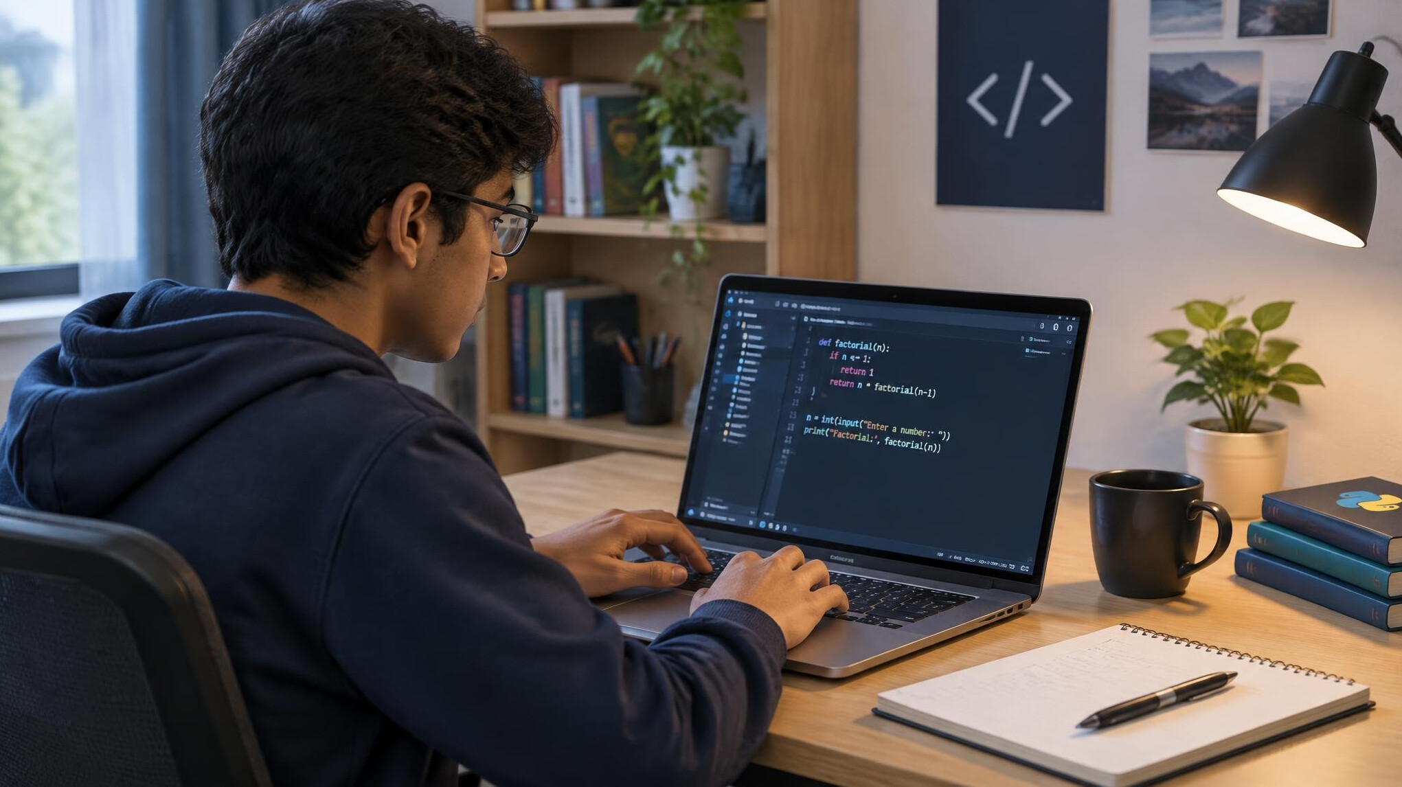 student coding at desk