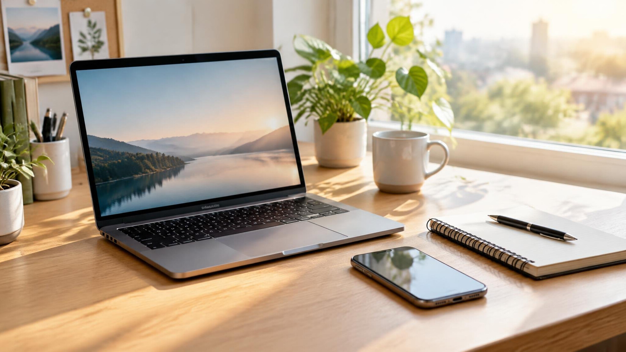 Desk with laptop, phone and notebook