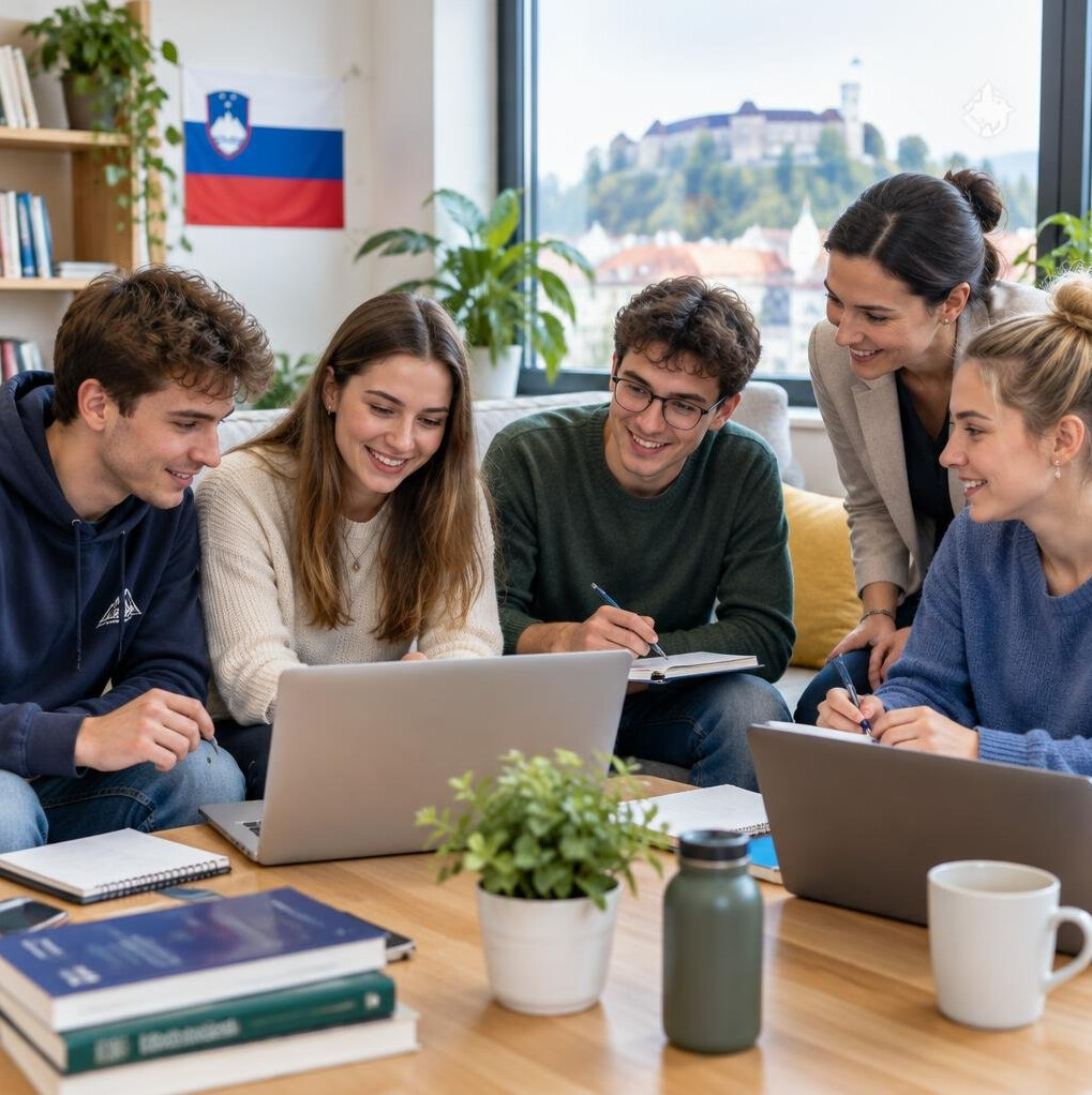 Group of students studying together with laptops