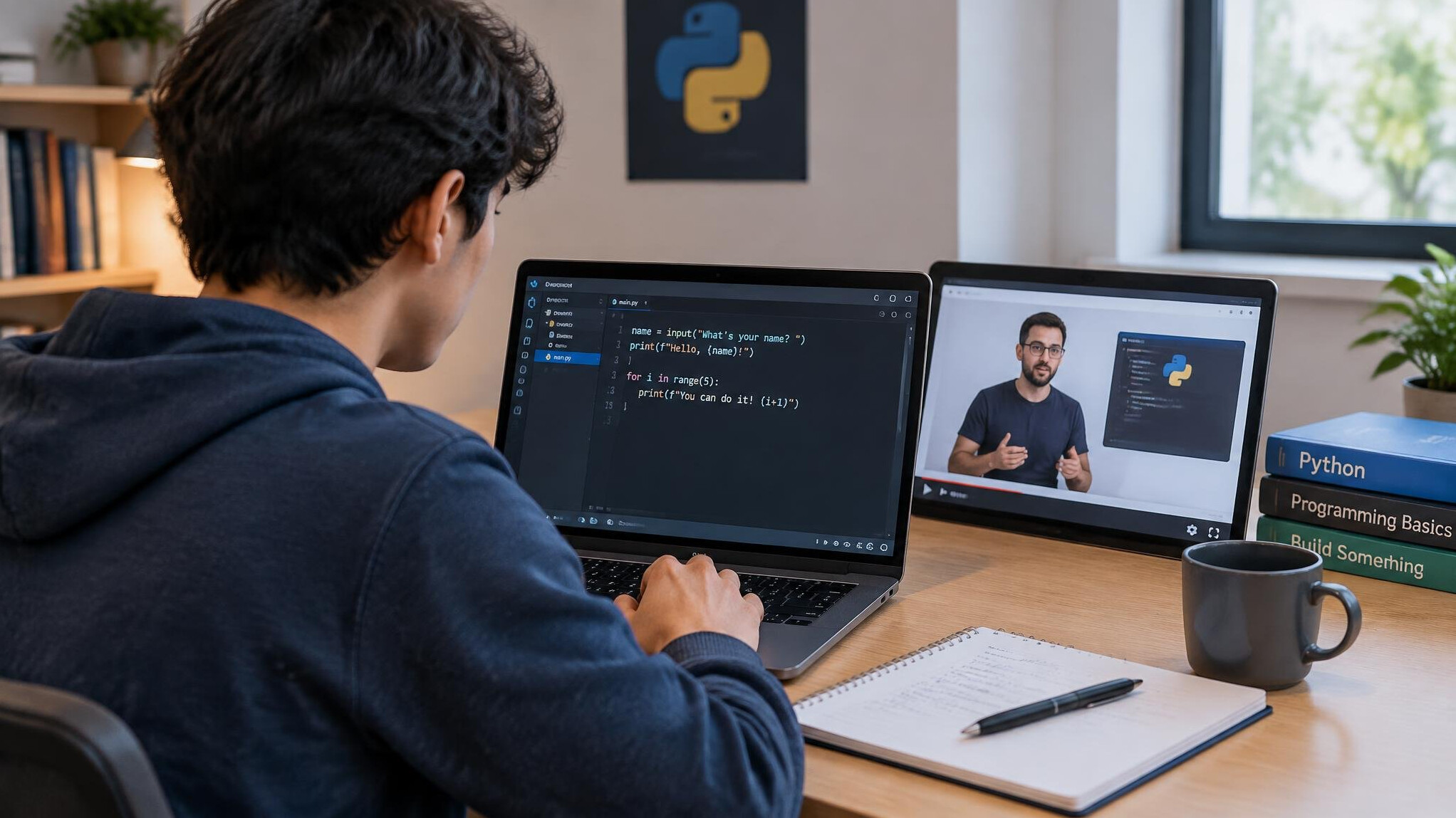 beginner learning to code at desk