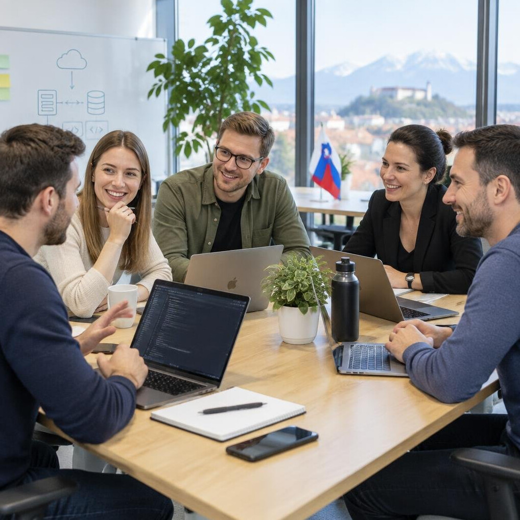 Team of people collaborating around laptops in an office