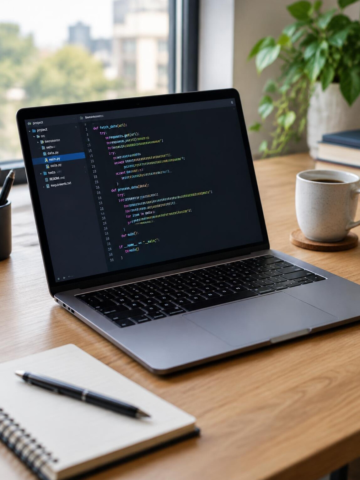 Laptop with source code on screen on a desk